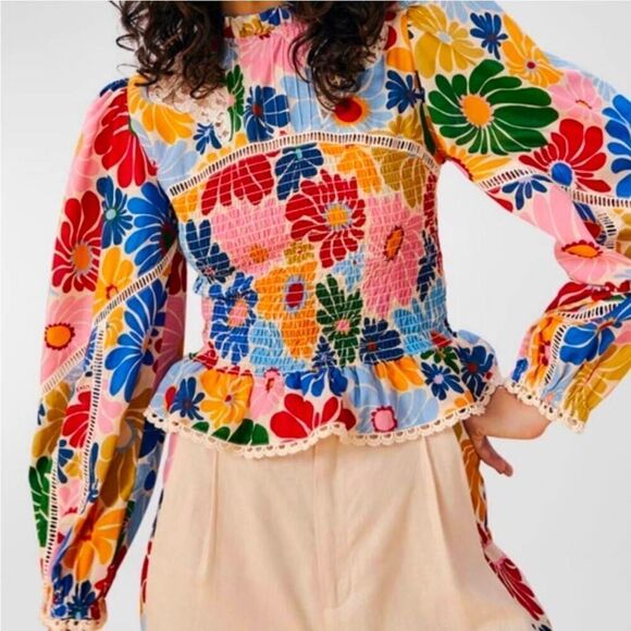 FARM Rio Tops - FARM Rio Sunny Daisies Smocked Cotton Peplum Blouse S